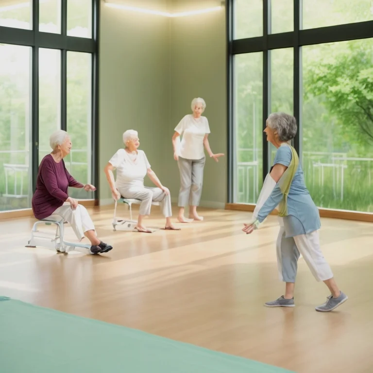 Tranquil wellness resort with senior guests participating in outdoor Tai Chi